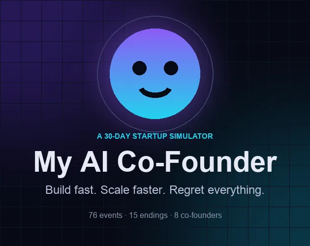 My AI Co-Founder: a smiling AI face over a neon grid